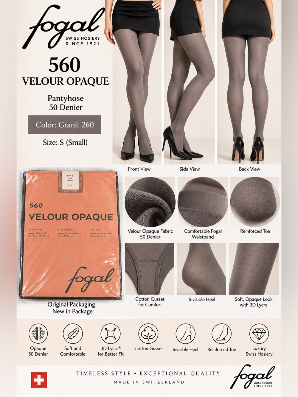 Fogal Velour Opaque 560 Pantyhose Size S Granit 50 Denier Swiss Hosiery NIP